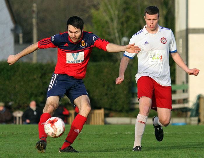 James Hinchliffe scores for Carew against Milford United
